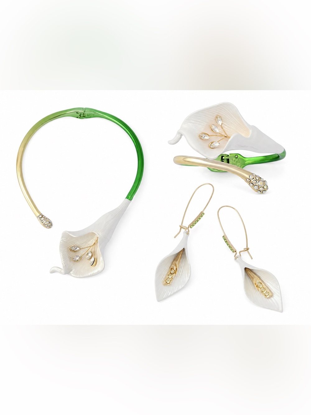 Betsey Johnson White Gold Floral  Bracelet Necklace Earrings Set Calla Lily NWT
